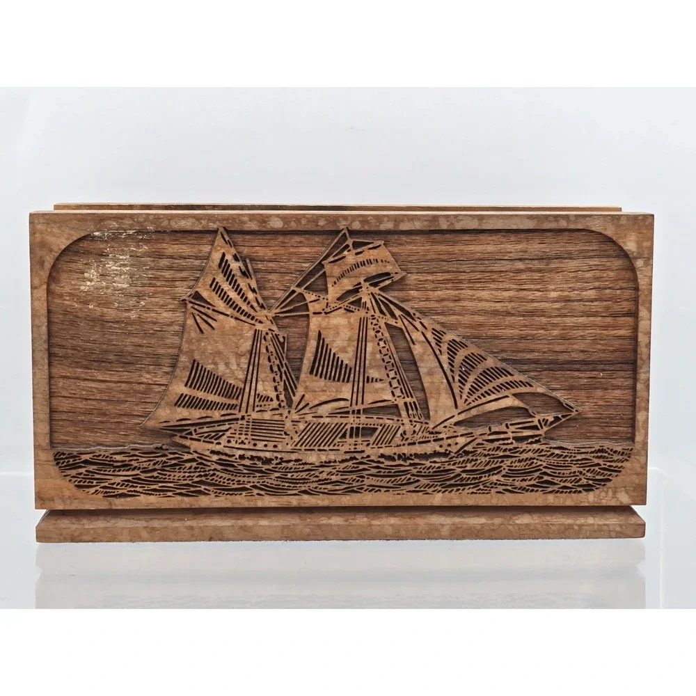 Vtg Y2K Lasercraft Walnut Napkin/Letter Holder Featuring Laser-Engraved Sailboat